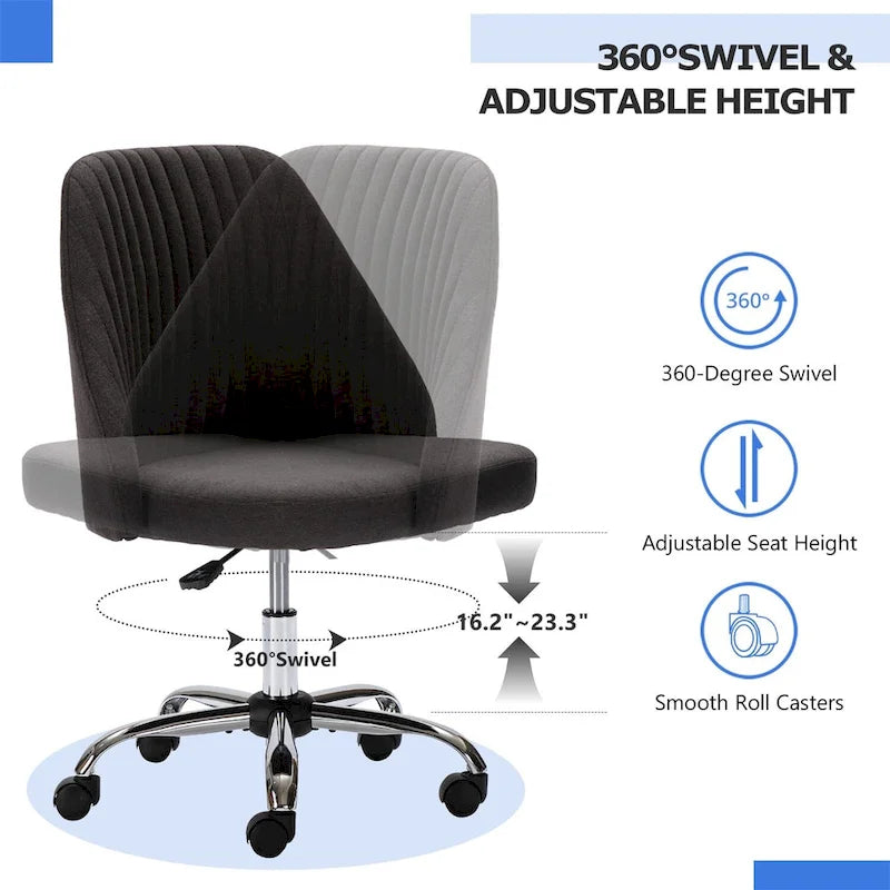 Chaise de bureau pivotante sans accoudoirs en tissu capitonné, rose/bleu/jaune/vert/noir/gris, avec hauteur réglable et dossier incurvé, pour 1 personne
