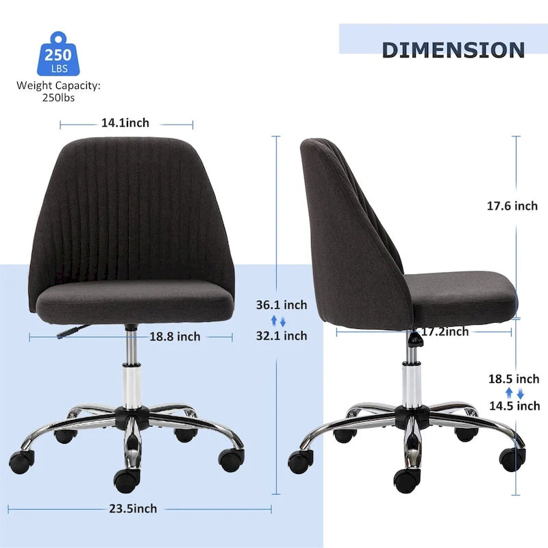Chaise de bureau pivotante sans accoudoirs en tissu capitonné, rose/bleu/jaune/vert/noir/gris, avec hauteur réglable et dossier incurvé, pour 1 personne