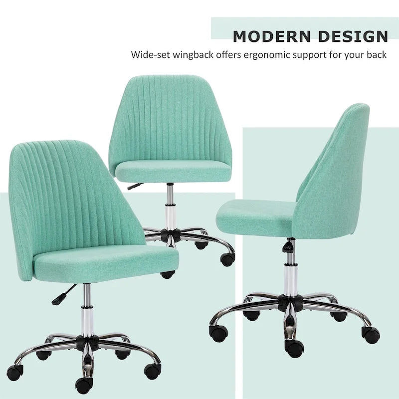 Chaise de bureau pivotante sans accoudoirs en tissu capitonné, rose/bleu/jaune/vert/noir/gris, avec hauteur réglable et dossier incurvé, pour 1 personne