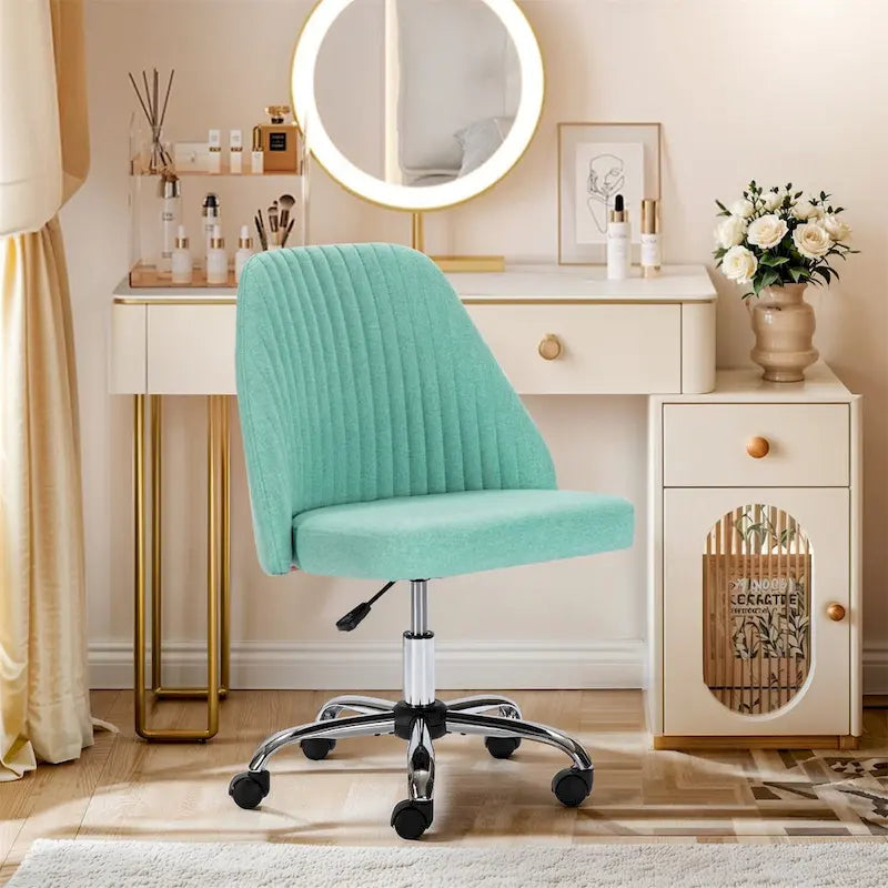 Chaise de bureau pivotante sans accoudoirs en tissu capitonné, rose/bleu/jaune/vert/noir/gris, avec hauteur réglable et dossier incurvé, pour 1 personne