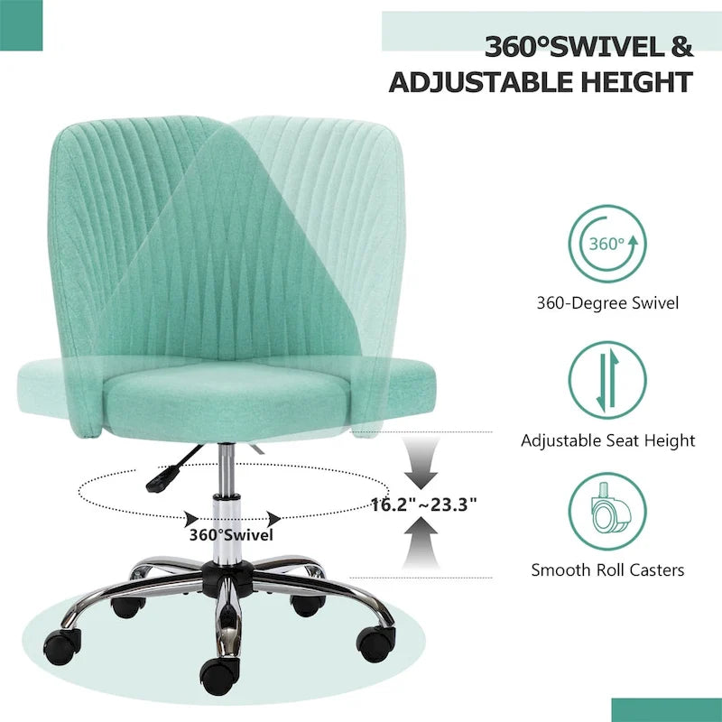 Chaise de bureau pivotante sans accoudoirs en tissu capitonné, rose/bleu/jaune/vert/noir/gris, avec hauteur réglable et dossier incurvé, pour 1 personne