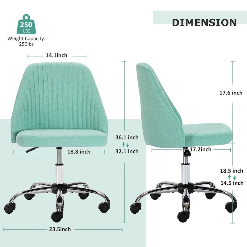 Chaise de bureau pivotante sans accoudoirs en tissu capitonné, rose/bleu/jaune/vert/noir/gris, avec hauteur réglable et dossier incurvé, pour 1 personne