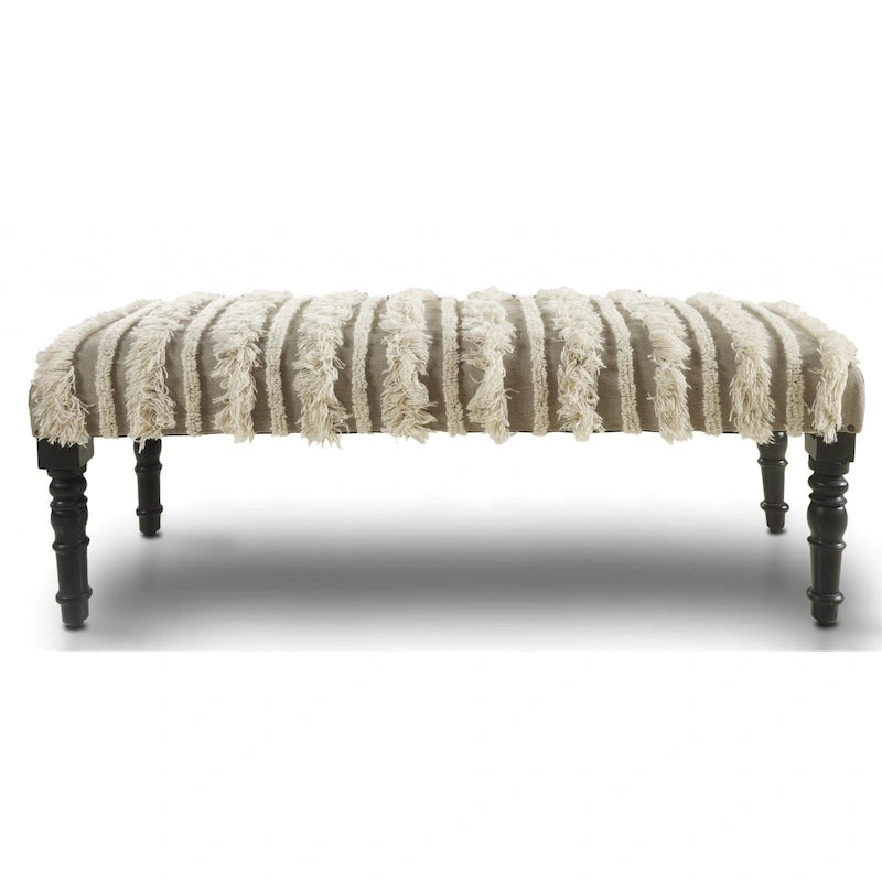 Banc rembourré bohème à rayures crème avec clous décoratifs et pieds en bois noir, 2 places