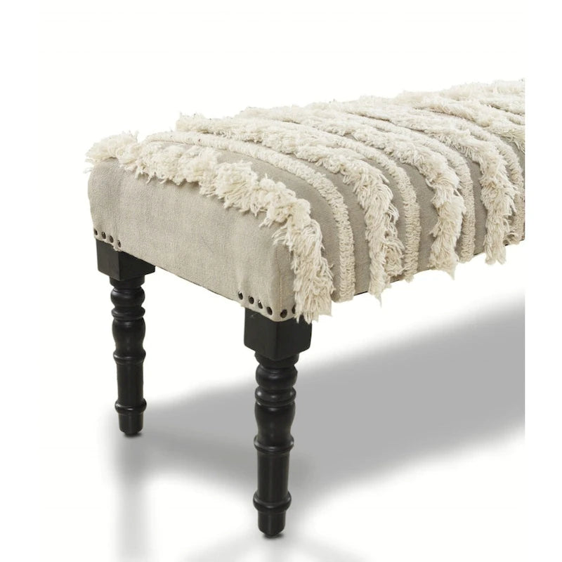 Banc rembourré bohème à rayures crème avec clous décoratifs et pieds en bois noir, 2 places