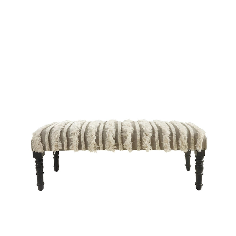 Banc rembourré bohème à rayures crème avec clous décoratifs et pieds en bois noir, 2 places
