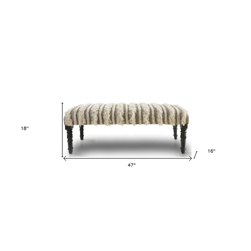 Banc rembourré bohème à rayures crème avec clous décoratifs et pieds en bois noir, 2 places