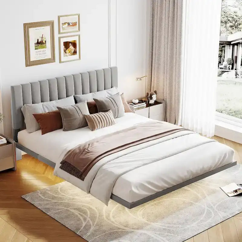 Lit plateforme Queen Size en velours gris/beige/rose avec capteur de mouvement, design flottant et tête de lit, pour 2 personnes