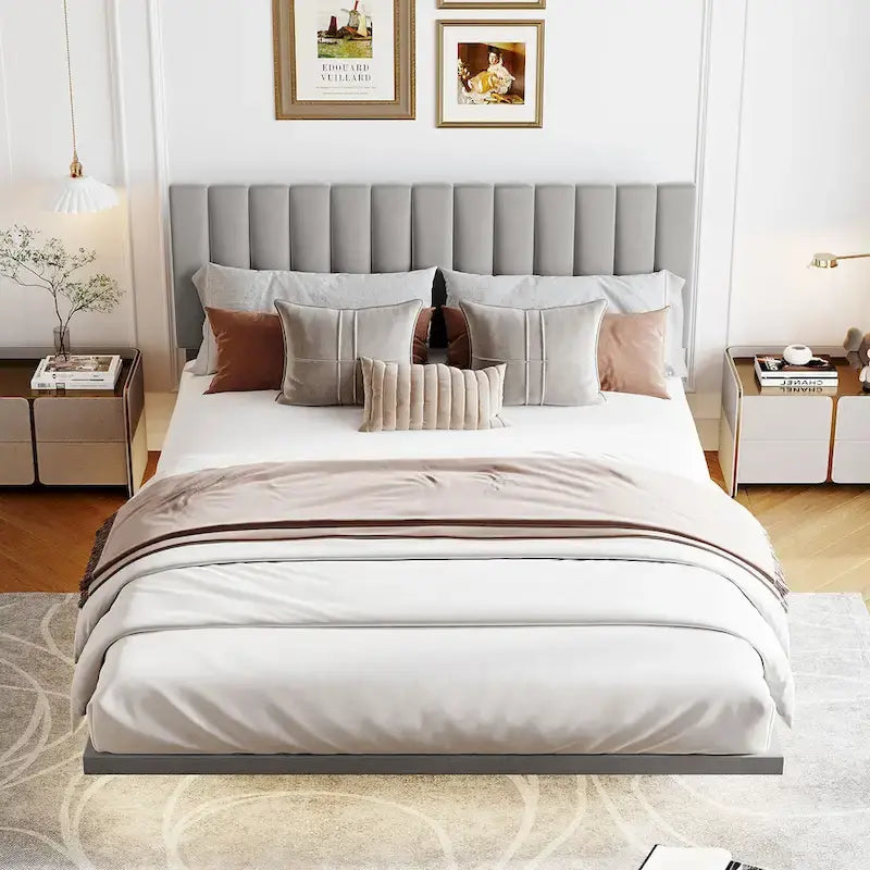 Lit plateforme Queen Size en velours gris/beige/rose avec capteur de mouvement, design flottant et tête de lit, pour 2 personnes
