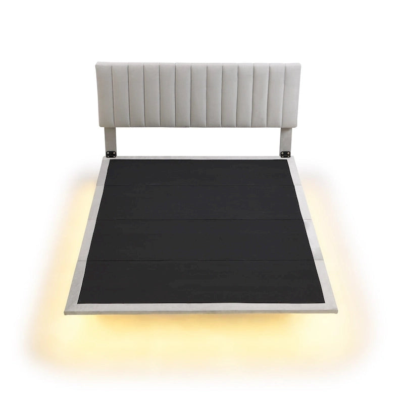 Lit plateforme Queen Size en velours gris/beige/rose avec capteur de mouvement, design flottant et tête de lit, pour 2 personnes