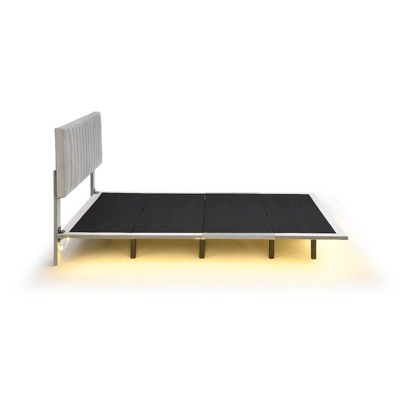 Lit plateforme Queen Size en velours gris/beige/rose avec capteur de mouvement, design flottant et tête de lit, pour 2 personnes