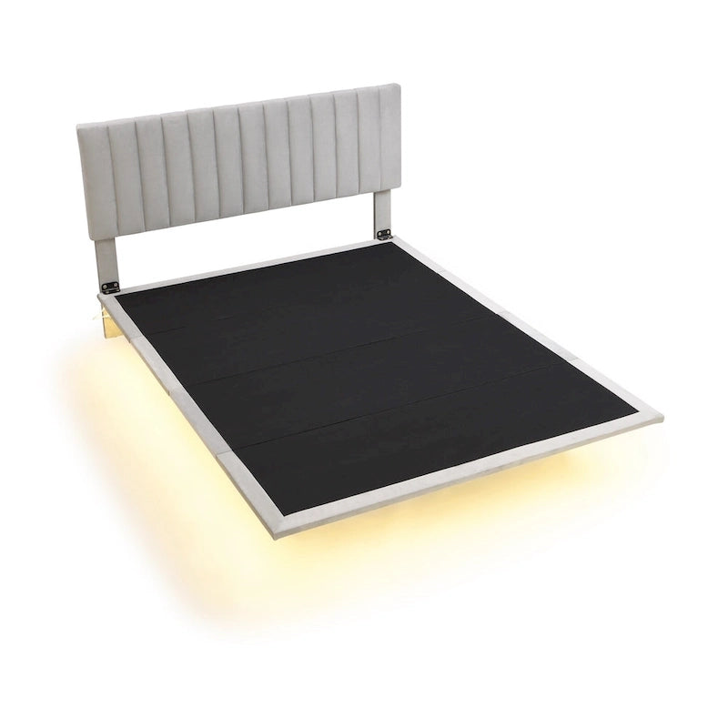 Lit plateforme Queen Size en velours gris/beige/rose avec capteur de mouvement, design flottant et tête de lit, pour 2 personnes