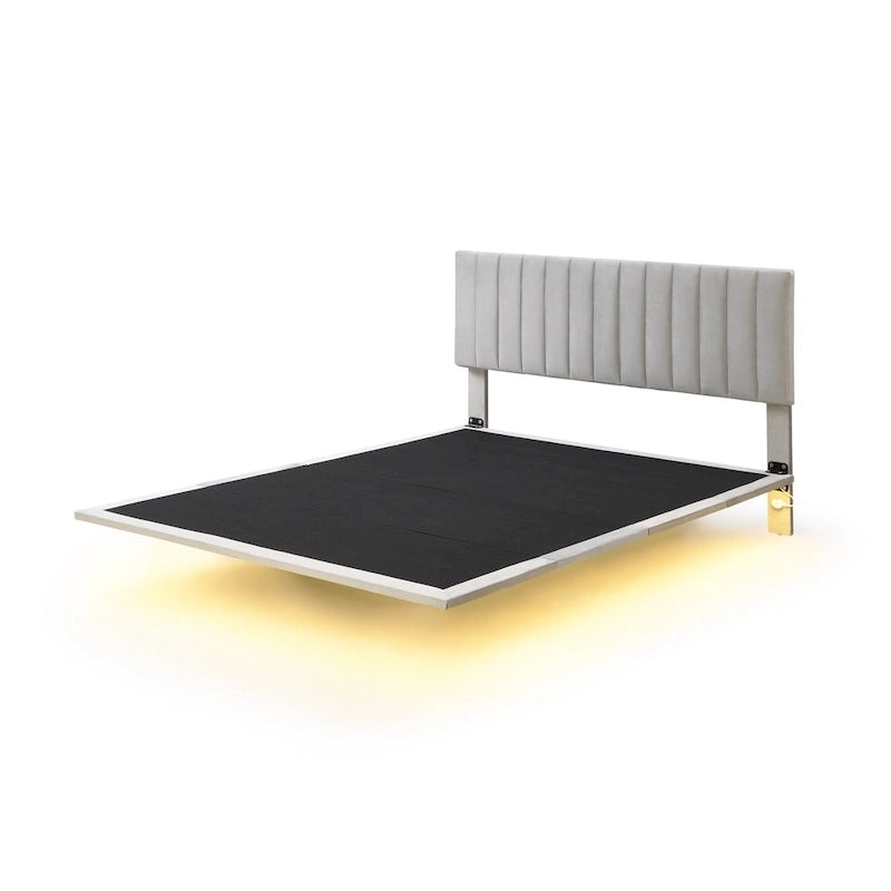 Lit plateforme Queen Size en velours gris/beige/rose avec capteur de mouvement, design flottant et tête de lit, pour 2 personnes