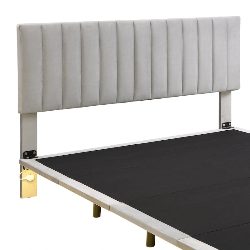 Lit plateforme Queen Size en velours gris/beige/rose avec capteur de mouvement, design flottant et tête de lit, pour 2 personnes