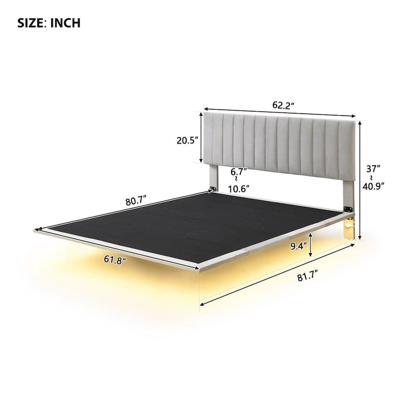 Lit plateforme Queen Size en velours gris/beige/rose avec capteur de mouvement, design flottant et tête de lit, pour 2 personnes