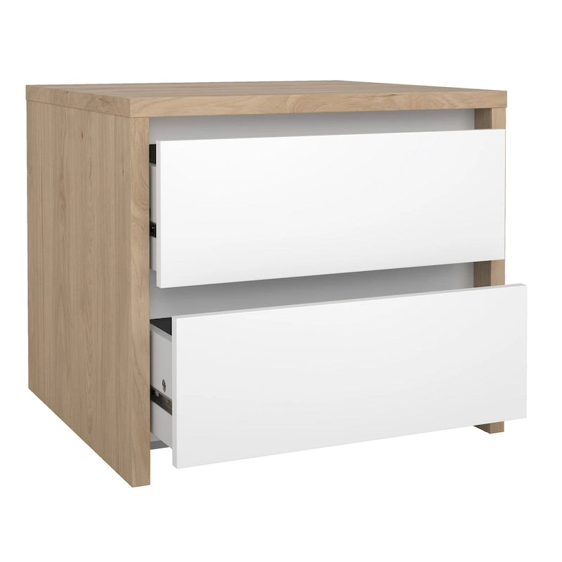 Table de chevet scandinave blanche/hickory et blanc lustré à 2 tiroirs sans poignée et glissières en métal