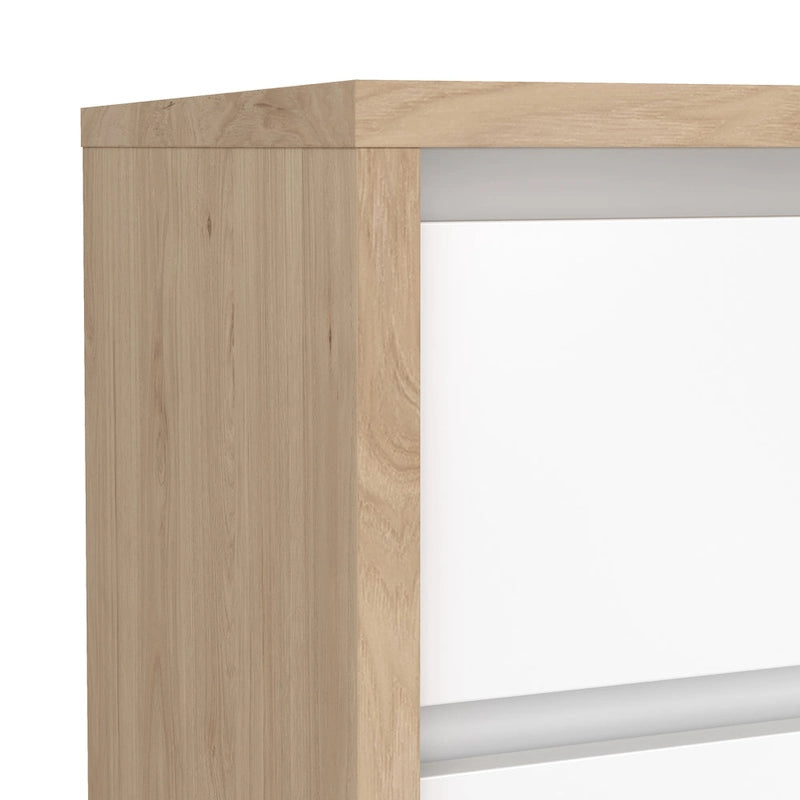 Table de chevet scandinave blanche/hickory et blanc lustré à 2 tiroirs sans poignée et glissières en métal