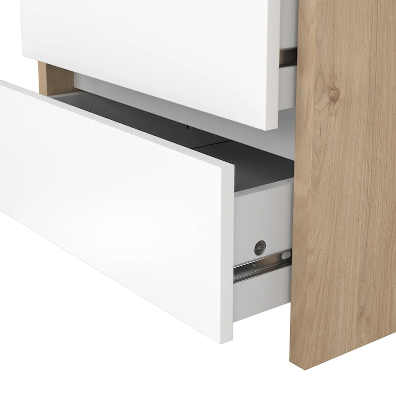 Table de chevet scandinave blanche/hickory et blanc lustré à 2 tiroirs sans poignée et glissières en métal