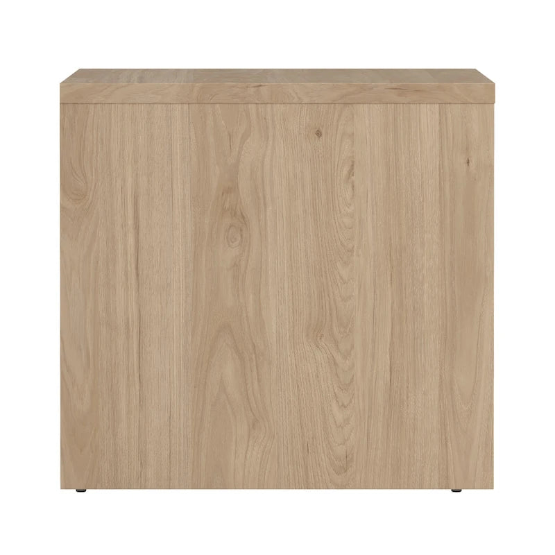 Table de chevet scandinave blanche/hickory et blanc lustré à 2 tiroirs sans poignée et glissières en métal