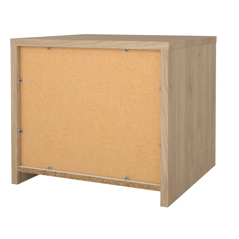 Table de chevet scandinave blanche/hickory et blanc lustré à 2 tiroirs sans poignée et glissières en métal