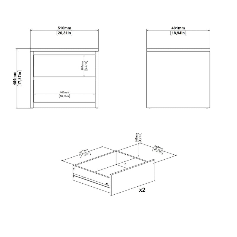 Table de chevet scandinave blanche/hickory et blanc lustré à 2 tiroirs sans poignée et glissières en métal