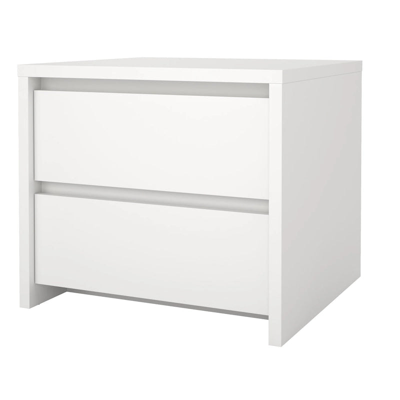 Table de chevet scandinave blanche/hickory et blanc lustré à 2 tiroirs sans poignée et glissières en métal