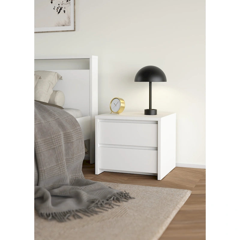 Table de chevet scandinave blanche/hickory et blanc lustré à 2 tiroirs sans poignée et glissières en métal