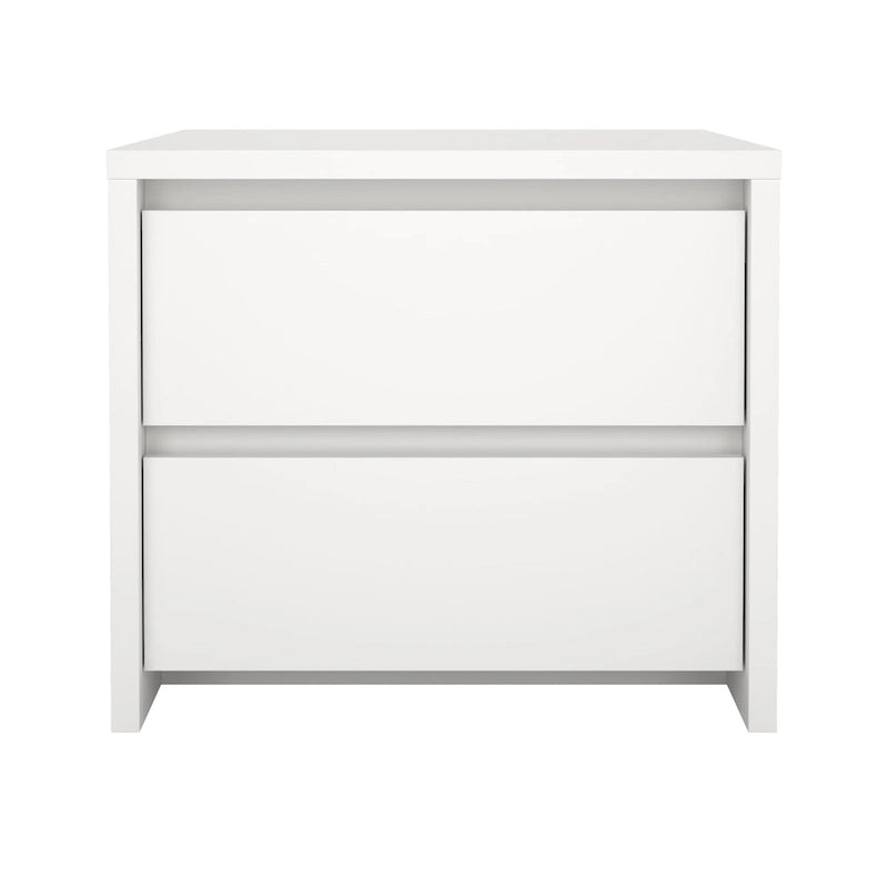 Table de chevet scandinave blanche/hickory et blanc lustré à 2 tiroirs sans poignée et glissières en métal