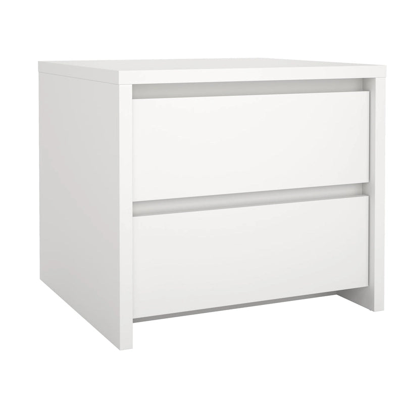 Table de chevet scandinave blanche/hickory et blanc lustré à 2 tiroirs sans poignée et glissières en métal