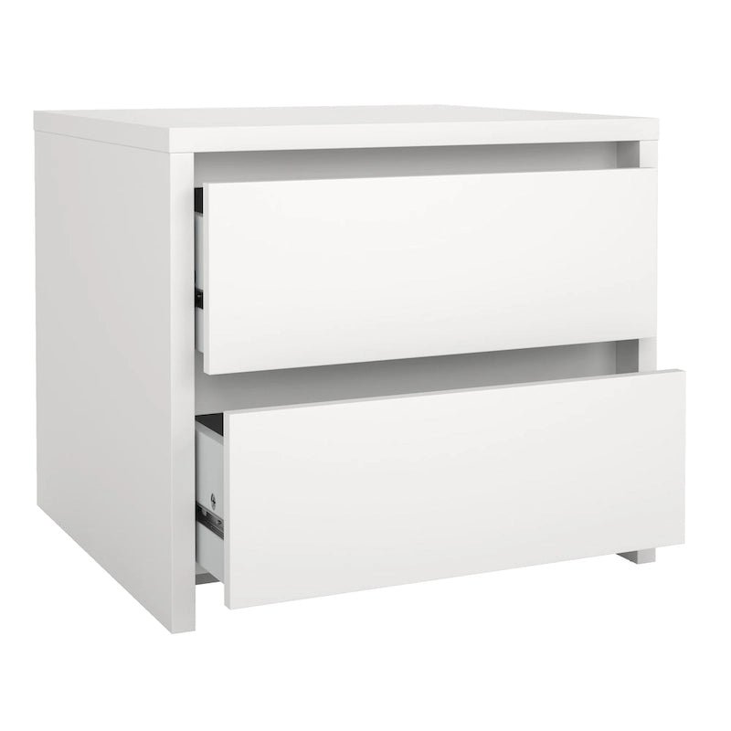 Table de chevet scandinave blanche/hickory et blanc lustré à 2 tiroirs sans poignée et glissières en métal