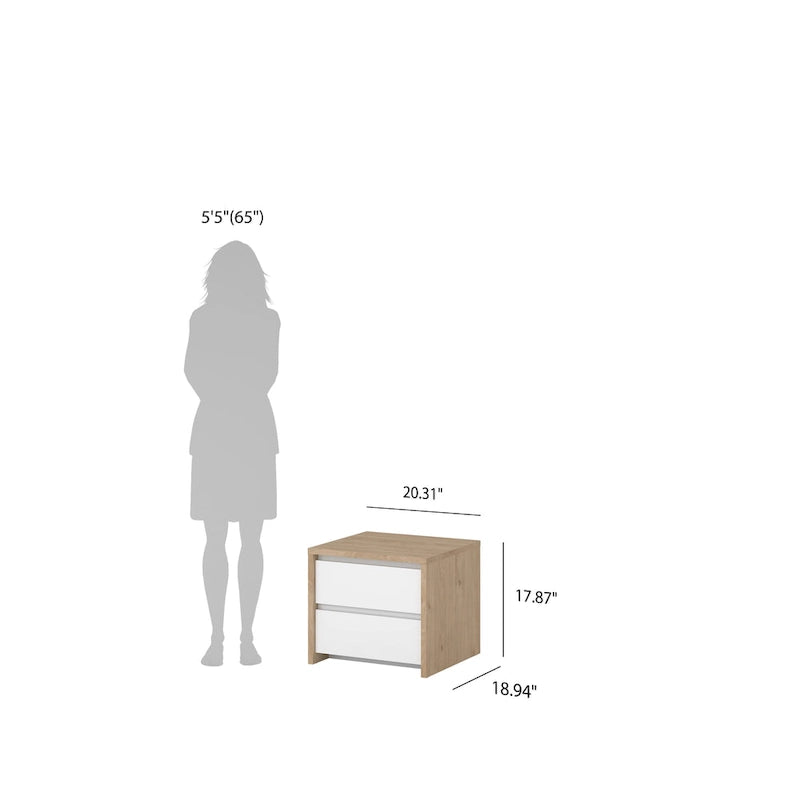 Table de chevet scandinave blanche/hickory et blanc lustré à 2 tiroirs sans poignée et glissières en métal