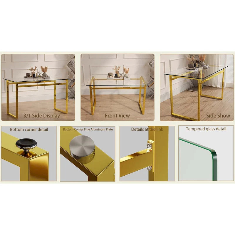 Table à manger rectangulaire dorée en verre trempé avec pieds en métal, 4 à 6 places