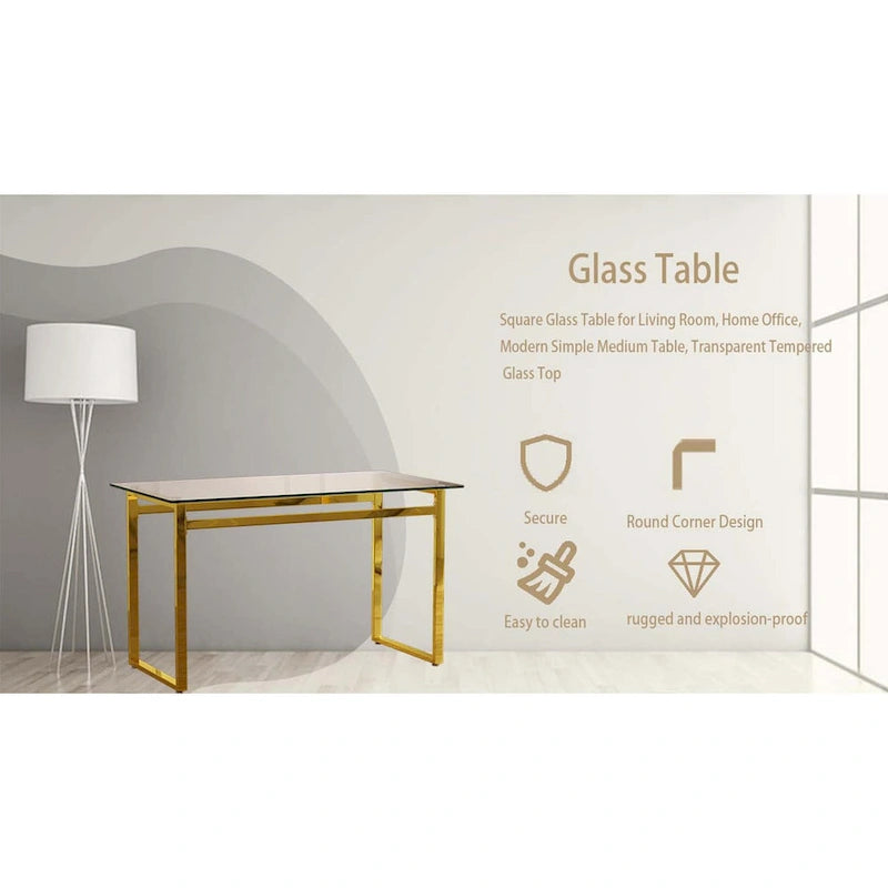 Table à manger rectangulaire dorée en verre trempé avec pieds en métal, 4 à 6 places