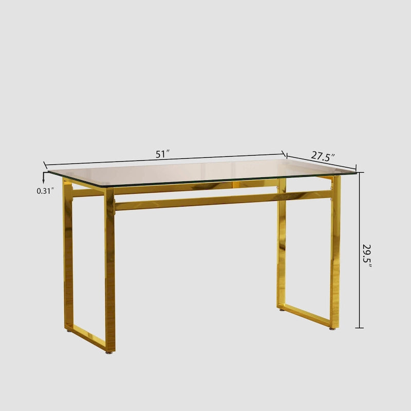 Table à manger rectangulaire dorée en verre trempé avec pieds en métal, 4 à 6 places