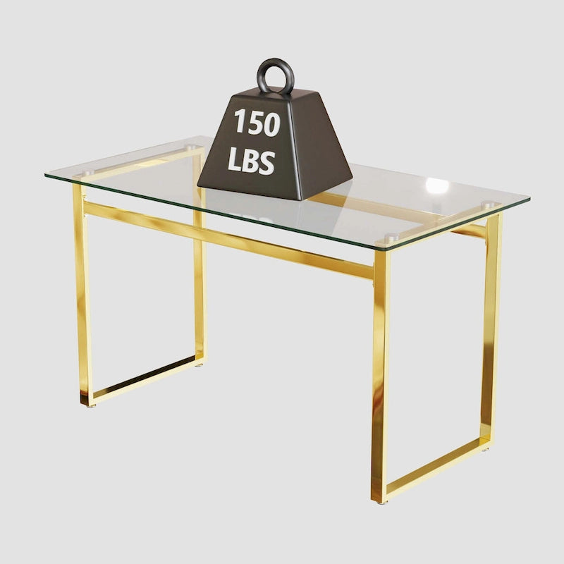 Table à manger rectangulaire dorée en verre trempé avec pieds en métal, 4 à 6 places