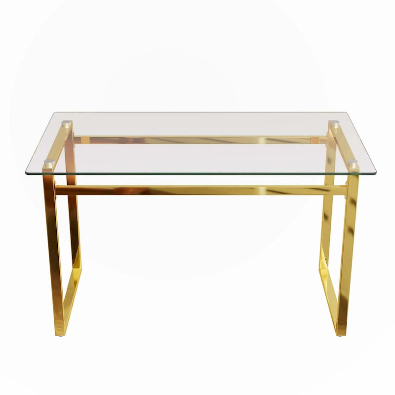 Table à manger rectangulaire dorée en verre trempé avec pieds en métal, 4 à 6 places