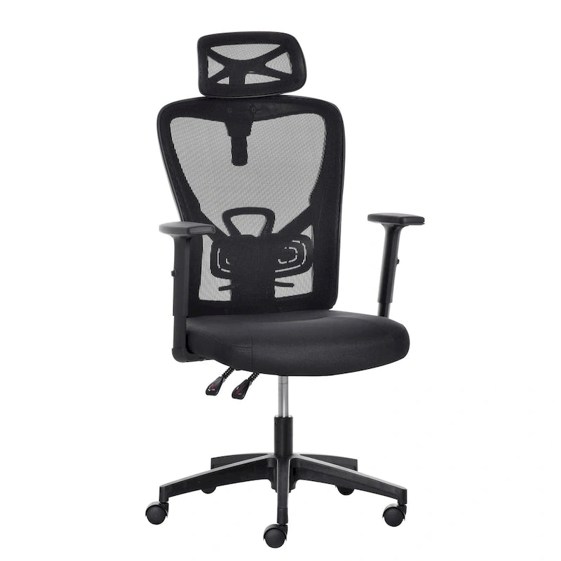 Chaise de bureau ergonomique noire à dossier haut en maille avec support lombaire réglable, appui-tête rotatif et dossier inclinable, pour 1 personne