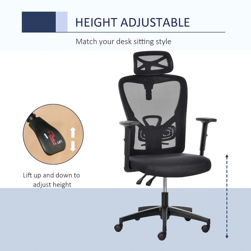 Chaise de bureau ergonomique noire à dossier haut en maille avec support lombaire réglable, appui-tête rotatif et dossier inclinable, pour 1 personne