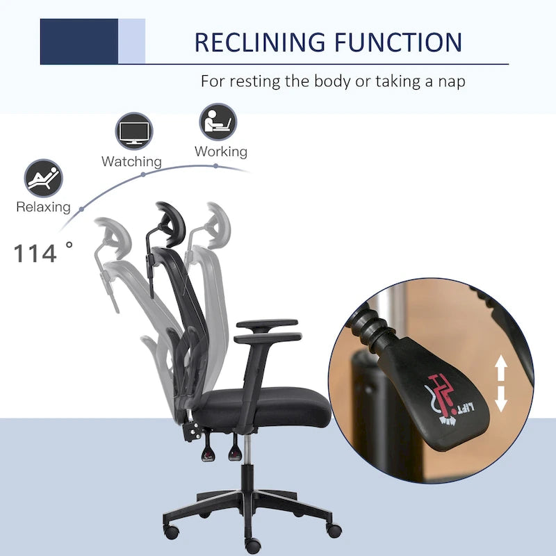 Chaise de bureau ergonomique noire à dossier haut en maille avec support lombaire réglable, appui-tête rotatif et dossier inclinable, pour 1 personne