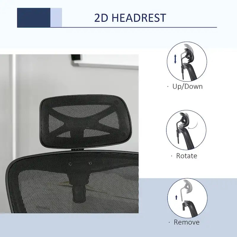 Chaise de bureau ergonomique noire à dossier haut en maille avec support lombaire réglable, appui-tête rotatif et dossier inclinable, pour 1 personne
