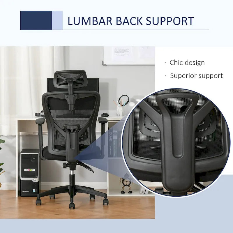 Chaise de bureau ergonomique noire à dossier haut en maille avec support lombaire réglable, appui-tête rotatif et dossier inclinable, pour 1 personne