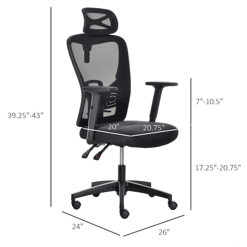 Chaise de bureau ergonomique noire à dossier haut en maille avec support lombaire réglable, appui-tête rotatif et dossier inclinable, pour 1 personne