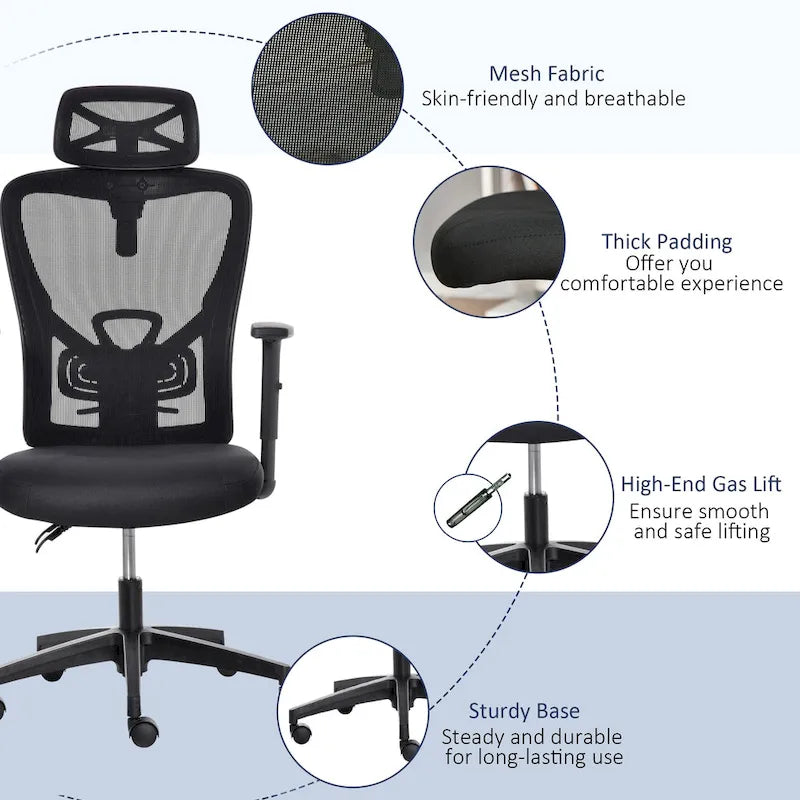 Chaise de bureau ergonomique noire à dossier haut en maille avec support lombaire réglable, appui-tête rotatif et dossier inclinable, pour 1 personne