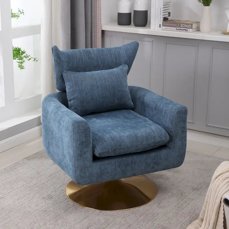 Fauteuil d'appoint pivotant à 360° mi-siècle bleu/beige/rose avec dossier enveloppant et piètement en métal doré, 1 place