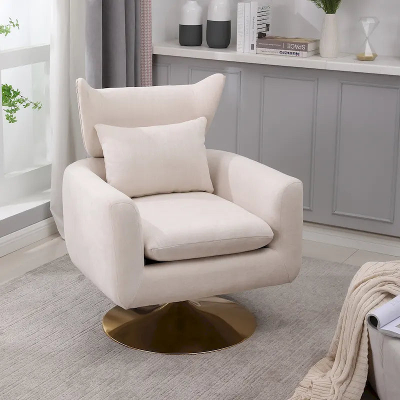 Fauteuil d'appoint pivotant à 360° mi-siècle bleu/beige/rose avec dossier enveloppant et piètement en métal doré, 1 place