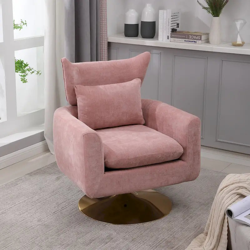Fauteuil d'appoint pivotant à 360° mi-siècle bleu/beige/rose avec dossier enveloppant et piètement en métal doré, 1 place