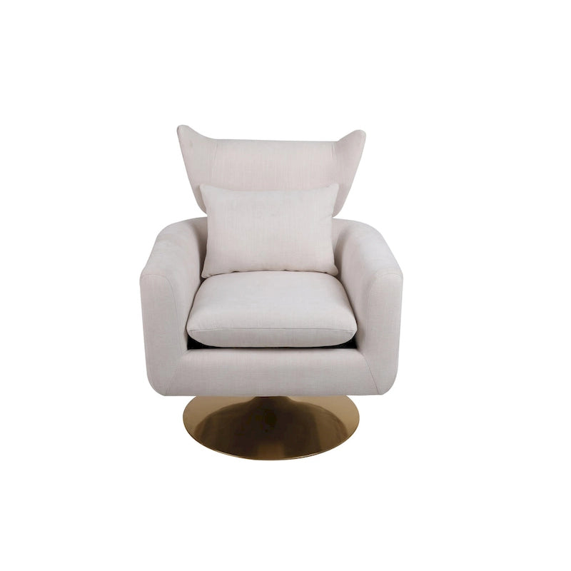 Fauteuil d'appoint pivotant à 360° mi-siècle bleu/beige/rose avec dossier enveloppant et piètement en métal doré, 1 place