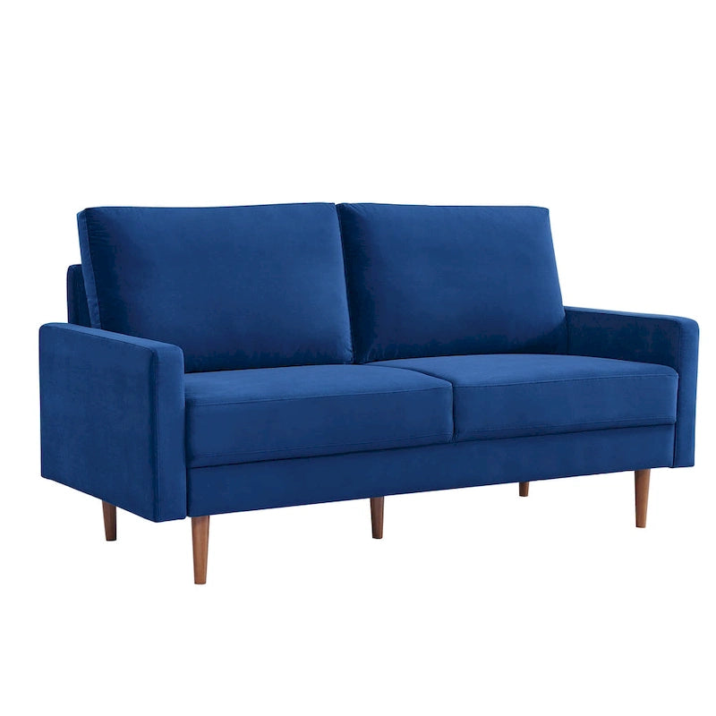 Canapé en velours de style Mid-Century avec accoudoirs carrés et pieds en bois d'eucalyptus, 3 places, Noir/Gris/Beige/Bleu