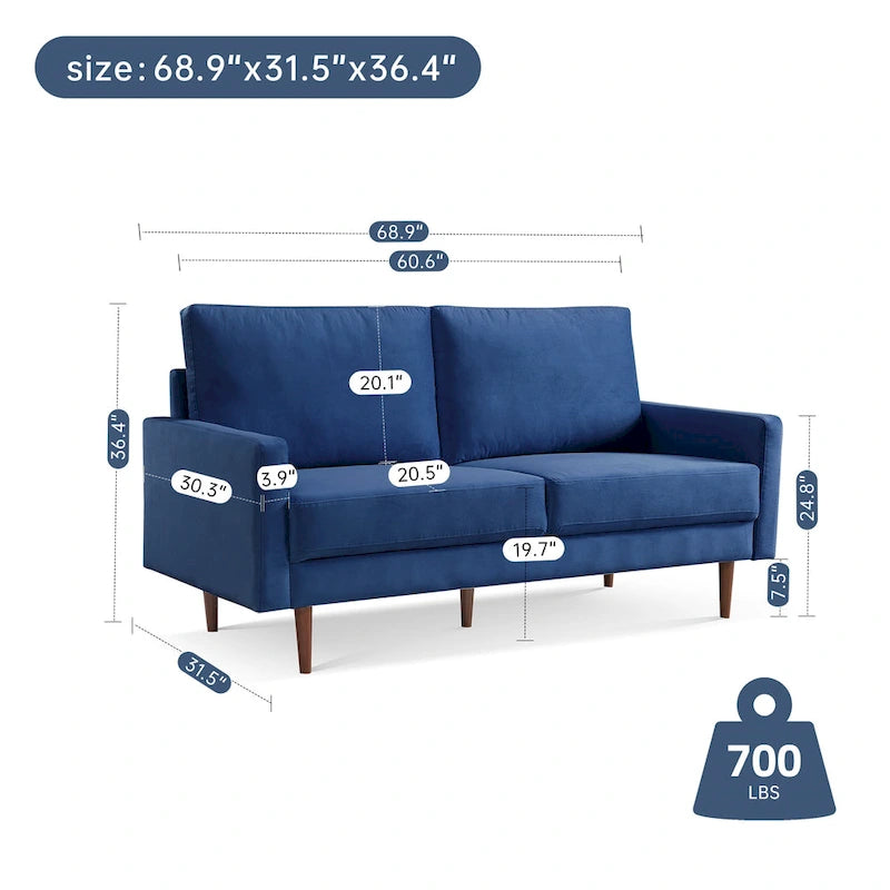 Canapé en velours de style Mid-Century avec accoudoirs carrés et pieds en bois d'eucalyptus, 3 places, Noir/Gris/Beige/Bleu