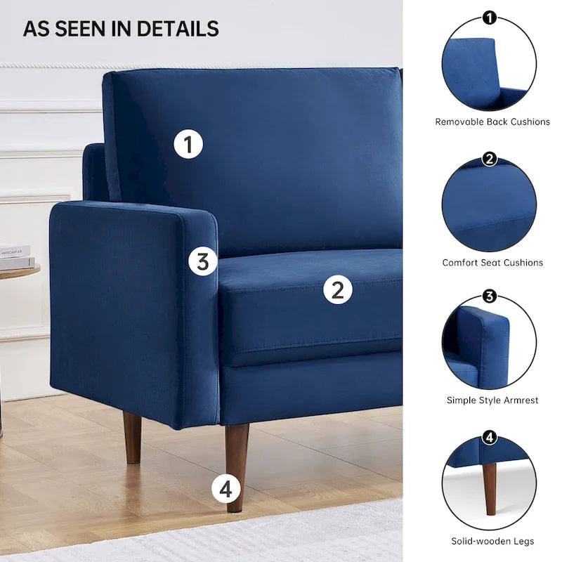 Canapé en velours de style Mid-Century avec accoudoirs carrés et pieds en bois d'eucalyptus, 3 places, Noir/Gris/Beige/Bleu