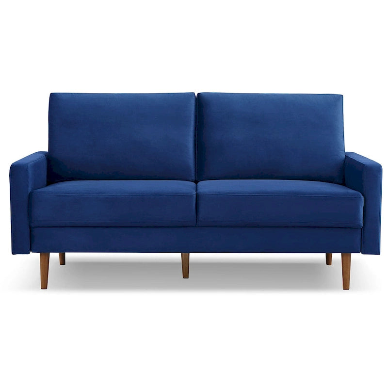Canapé en velours de style Mid-Century avec accoudoirs carrés et pieds en bois d'eucalyptus, 3 places, Noir/Gris/Beige/Bleu